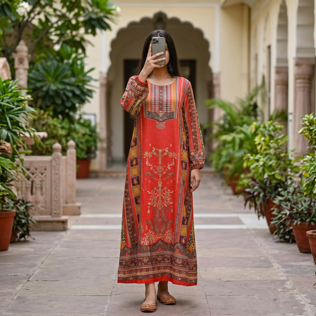 2XL/3XL Crystal Silky Digital Kaftan Printed 55"Long Jalabiya