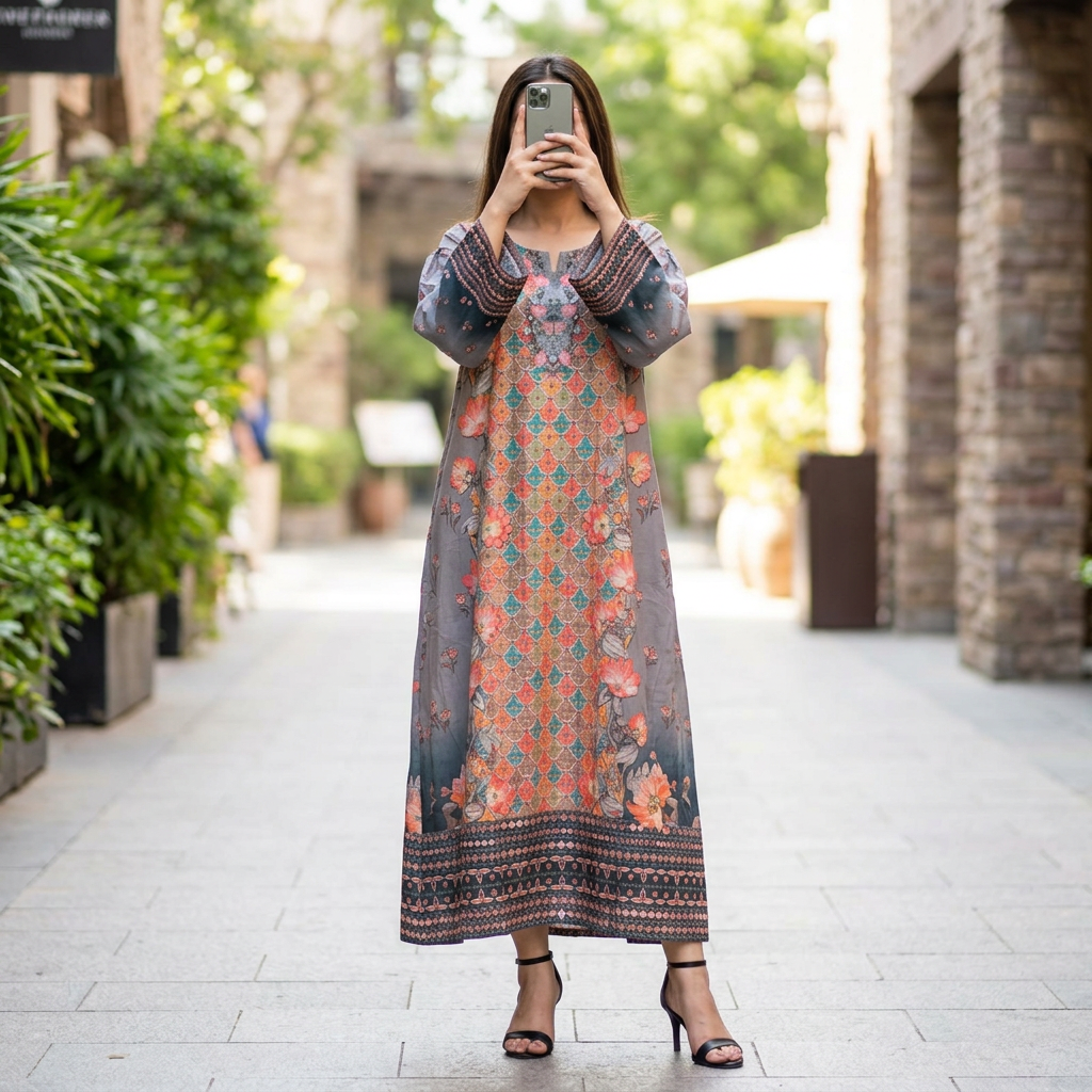 2XL/3XL Crystal Silky Digital Kaftan Printed 54"Long Jalabiya