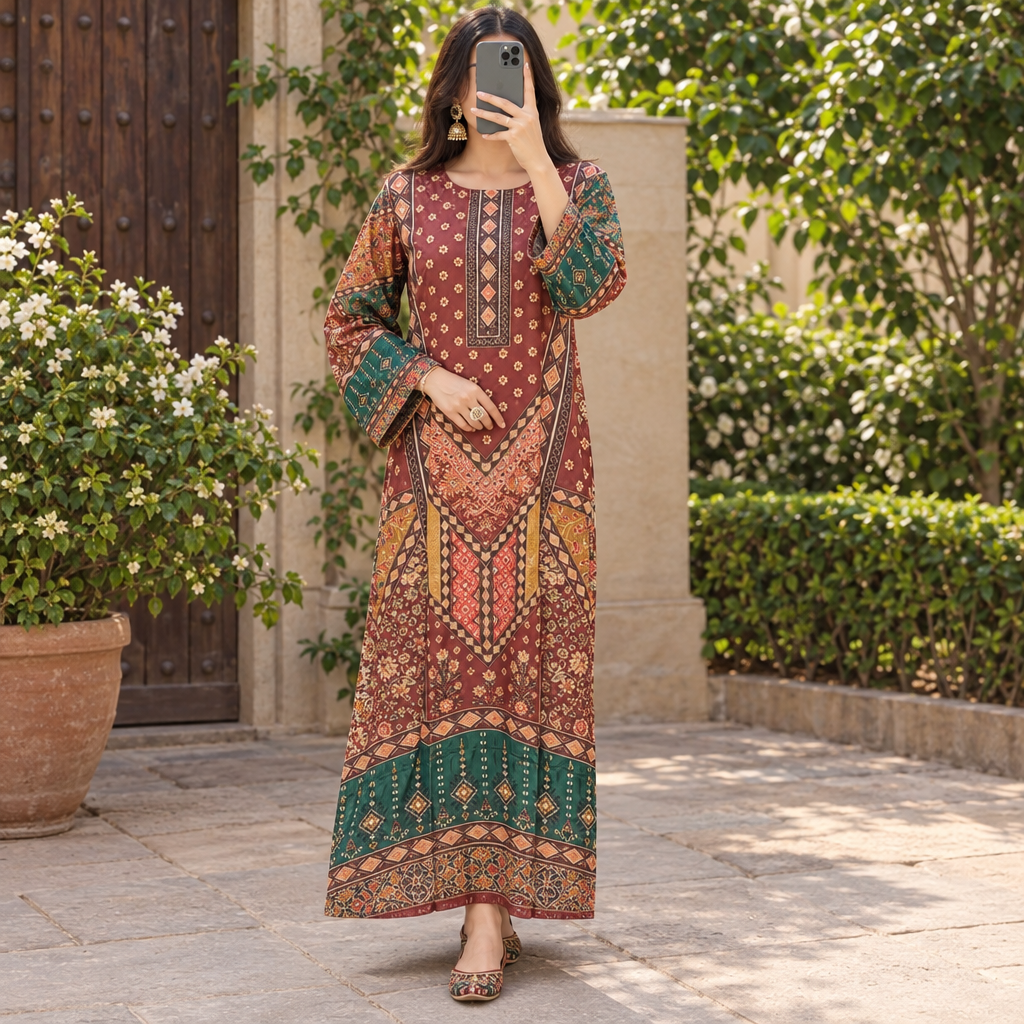 S/M Crystal Silky Digital Kaftan Printed 55"Long Jalabiya