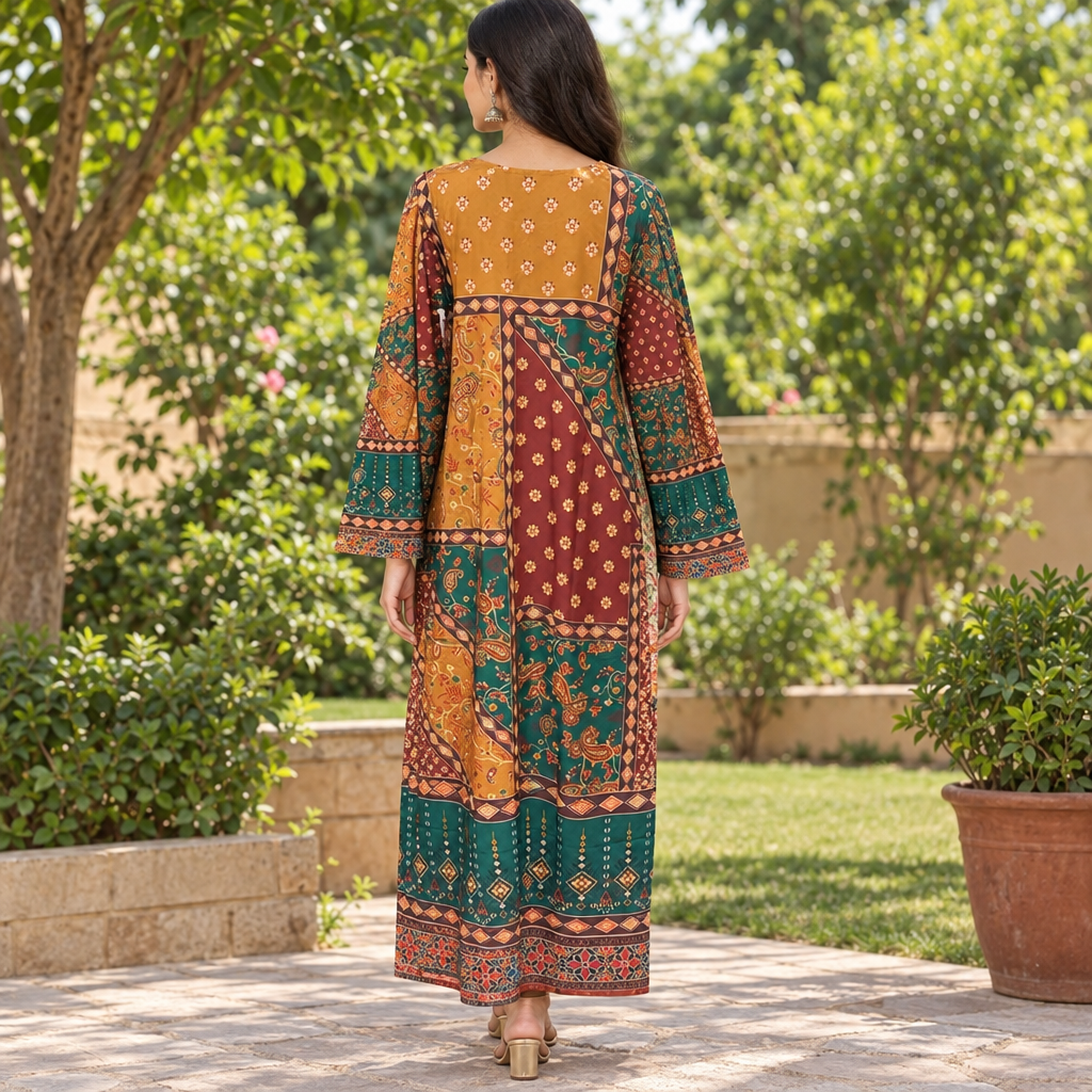 S/M Crystal Silky Digital Kaftan Printed 55" Long Jalabiya