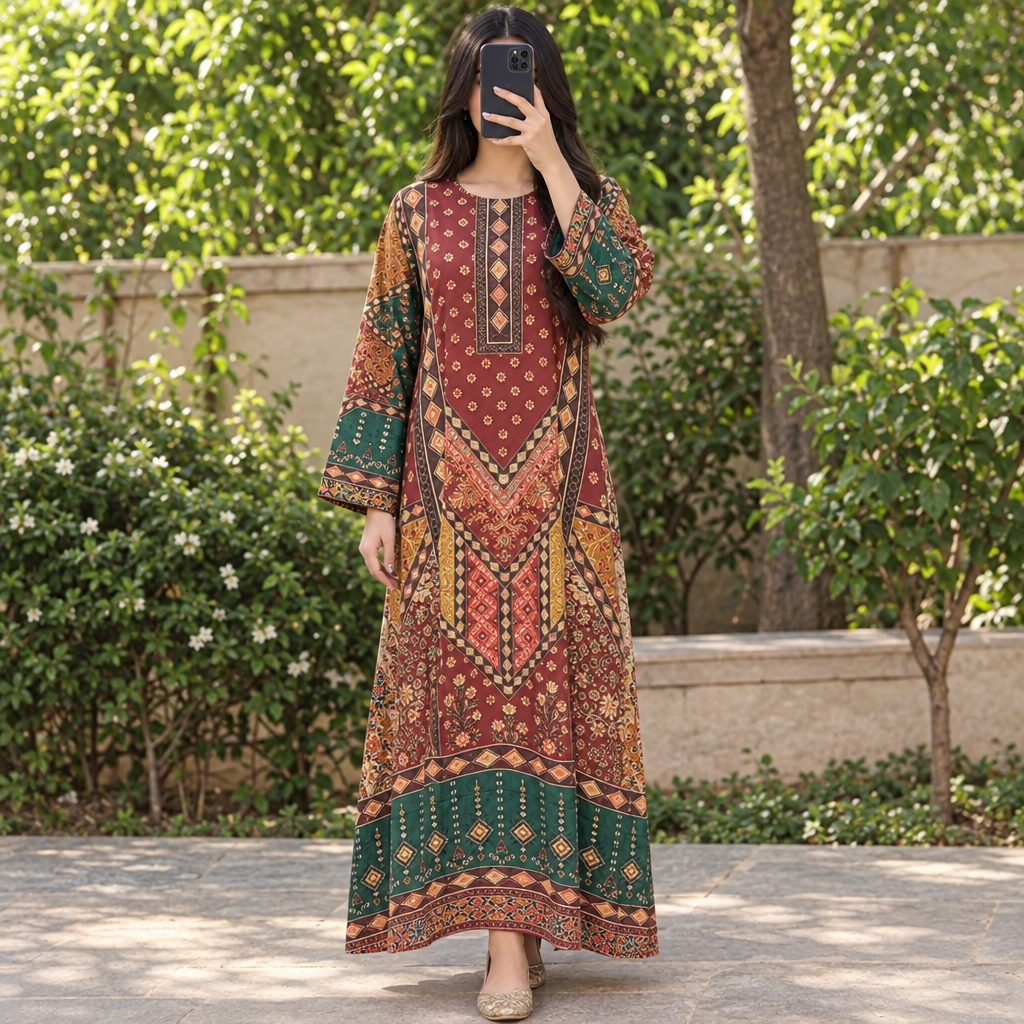 S/M Crystal Silky Digital Kaftan Printed 55" Long Jalabiya