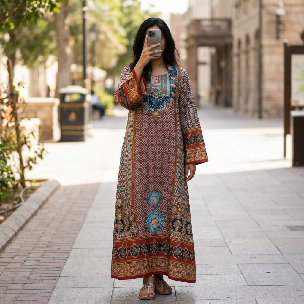L/XL Crystal Silky Digital Kaftan Printed 55" Long Jalabiya