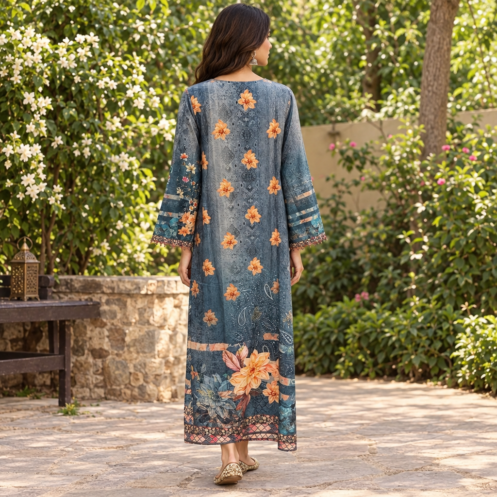 L/XL Crystal Silky Digital Kaftan Printed 56" Long Jalabiya