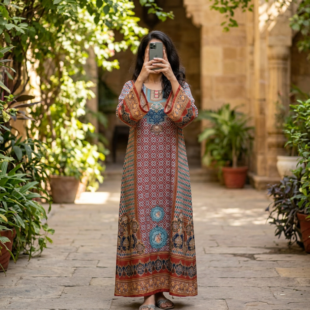 L/XL Crystal Silky Digital Kaftan Printed 55" Long Jalabiya