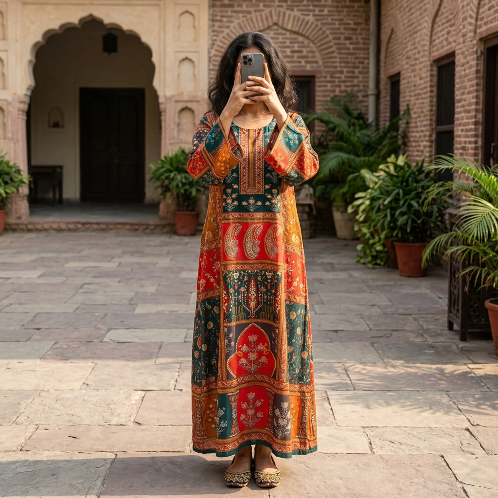 L/XL Crystal Silky Digital Kaftan Printed 55" Long Jalabiya