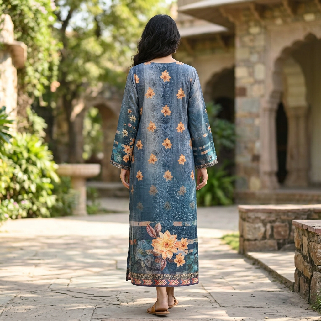 S/M Crystal Silky Digital Kaftan Printed 55"Long Jalabiya