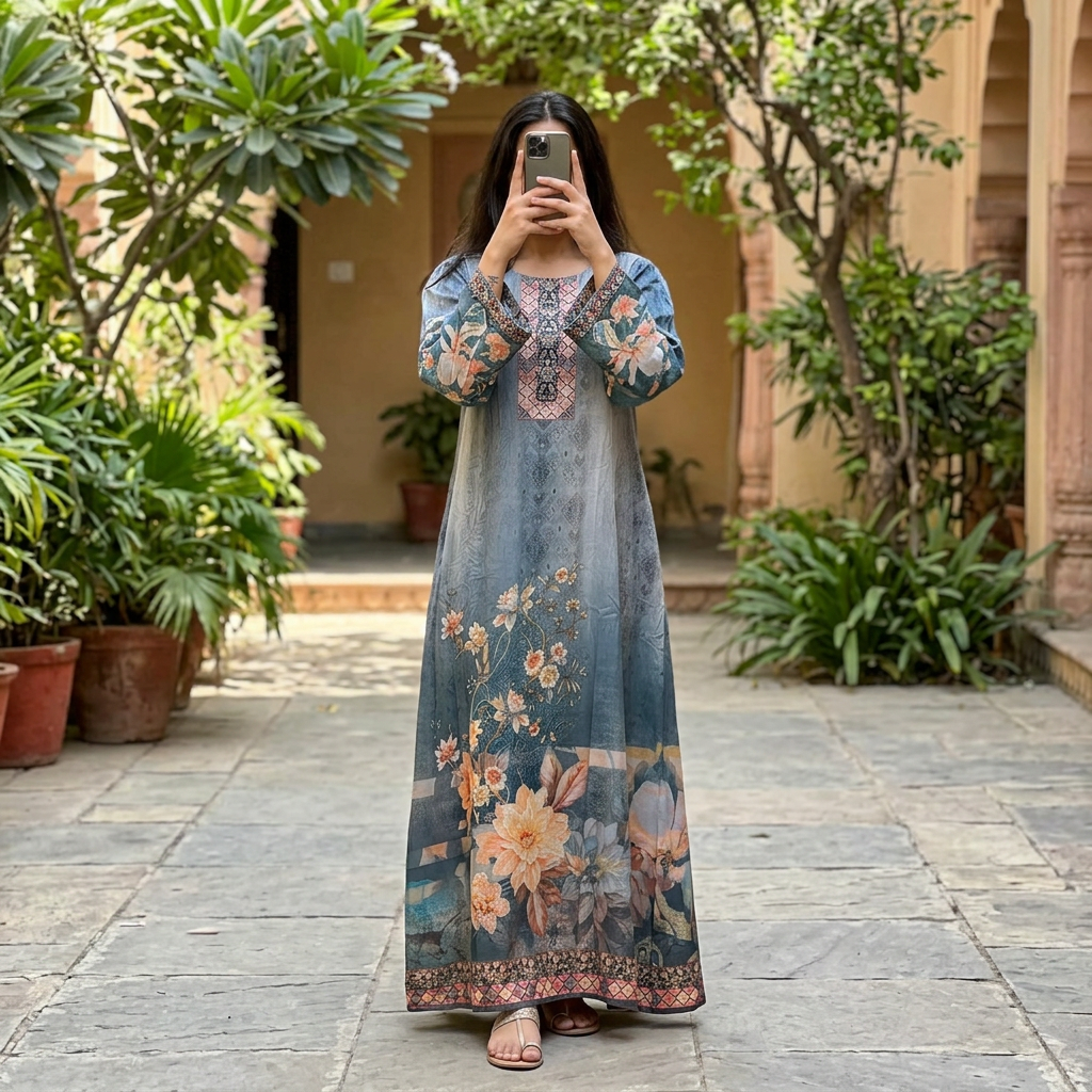 S/M Crystal Silky Digital Kaftan Printed 55"Long Jalabiya