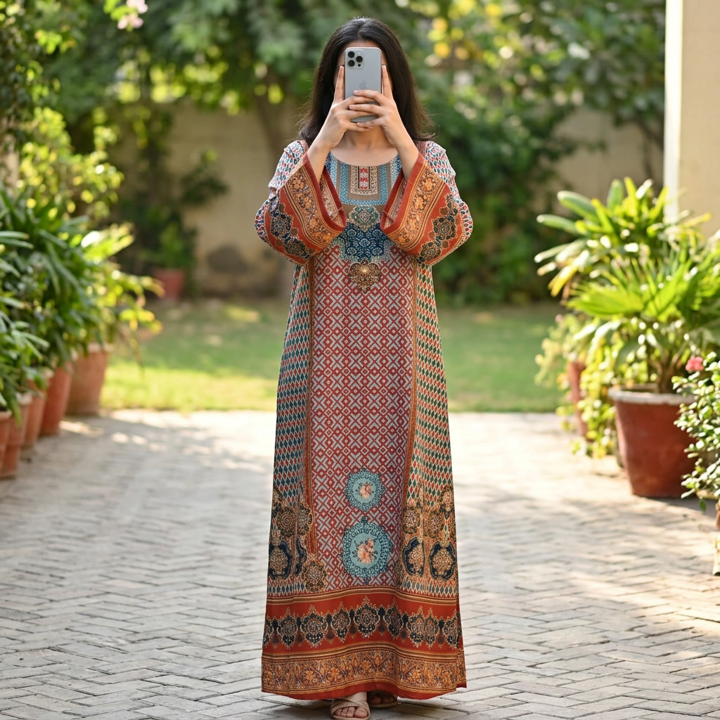 S/M Crystal Silky Digital Kaftan Printed 55"Long Jalabiya