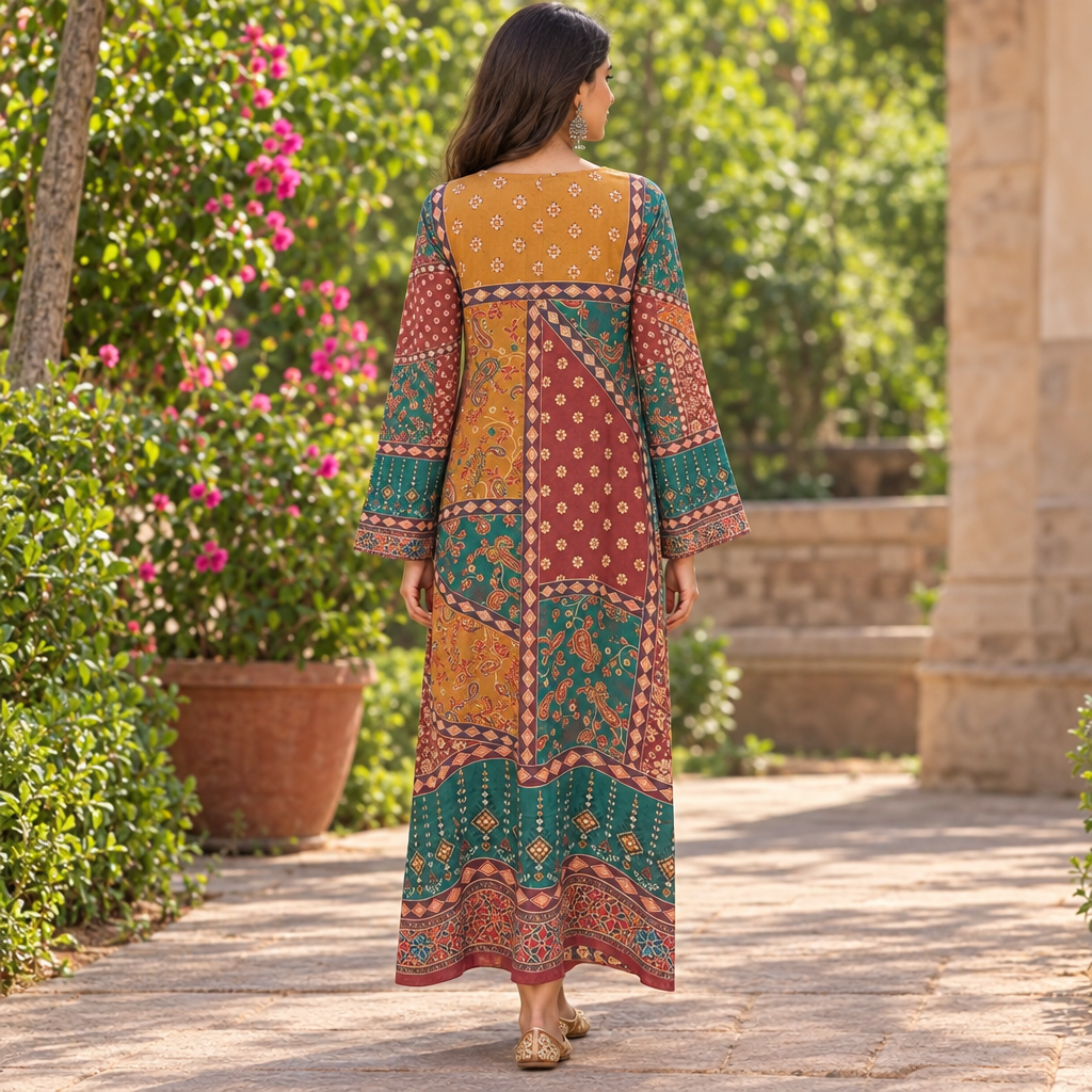 S/M Crystal Silky Digital Kaftan Printed 56"Long Jalabiya