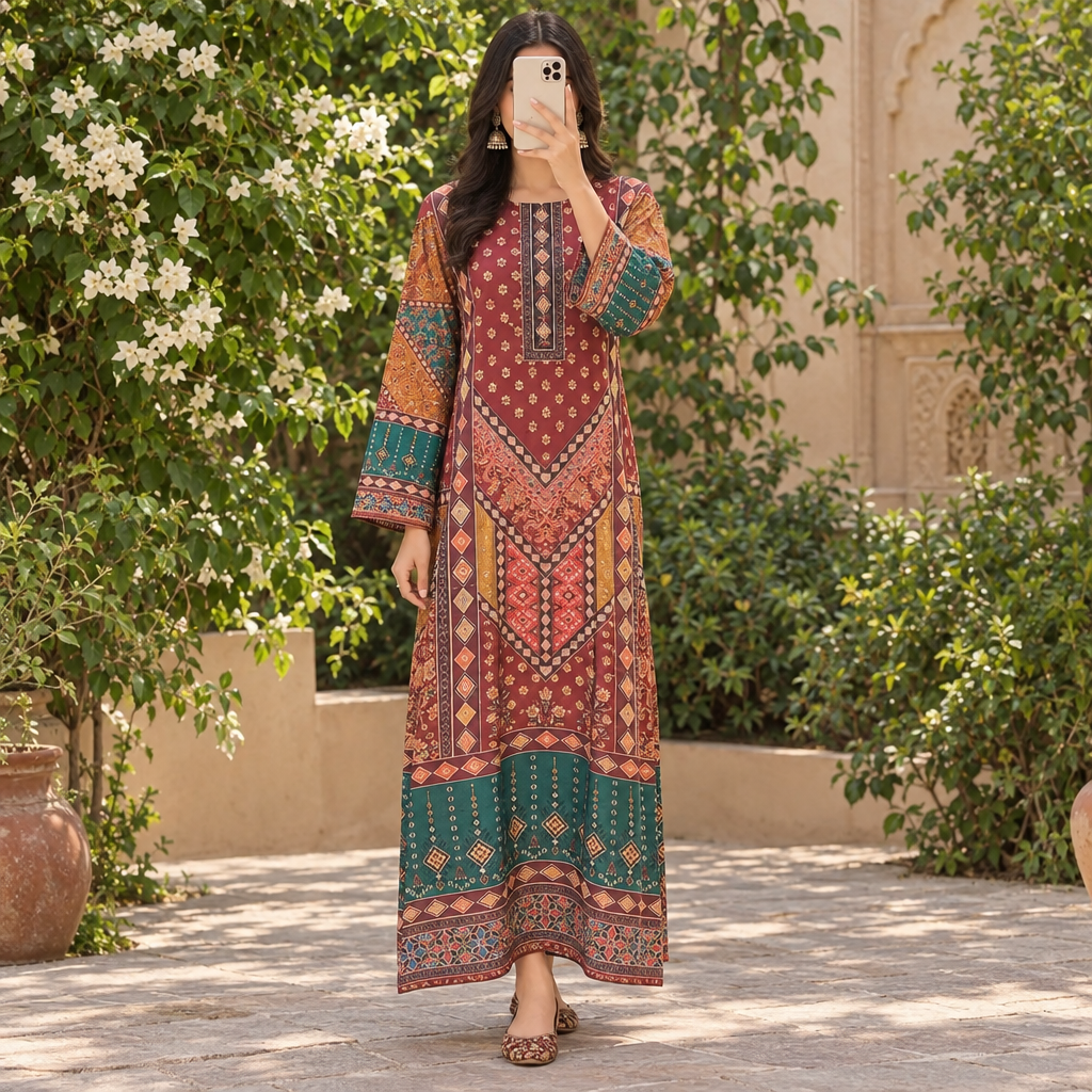 S/M Crystal Silky Digital Kaftan Printed 56"Long Jalabiya