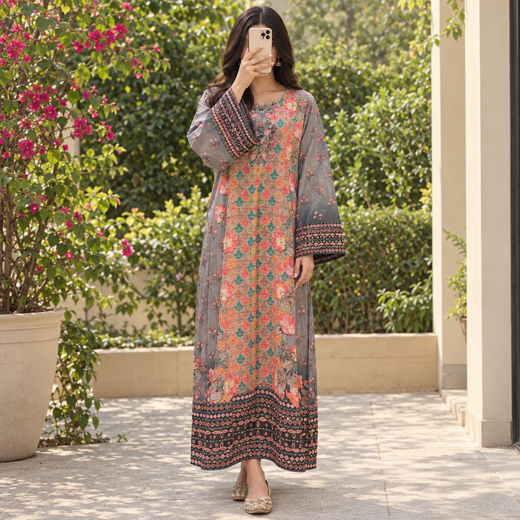 2XL/3XL Crystal Silky Digital Kaftan Printed 55"Long Jalabiya