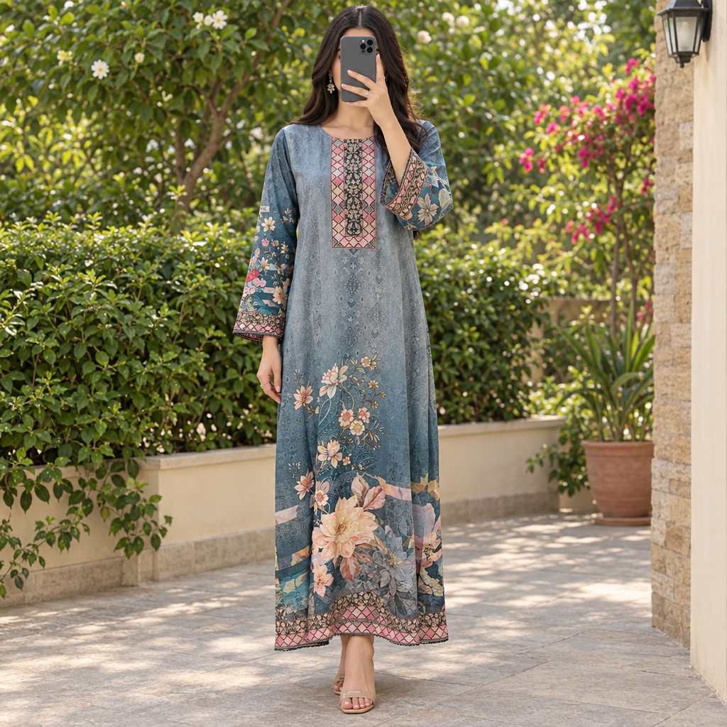 2XL/3XL Crystal Silky Digital Kaftan Printed 55"Long Jalabiya