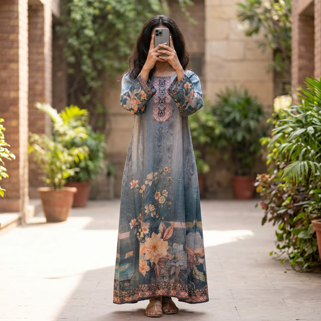 2XL/3XL Crystal Silky Digital Kaftan Printed 55"Long Jalabiya