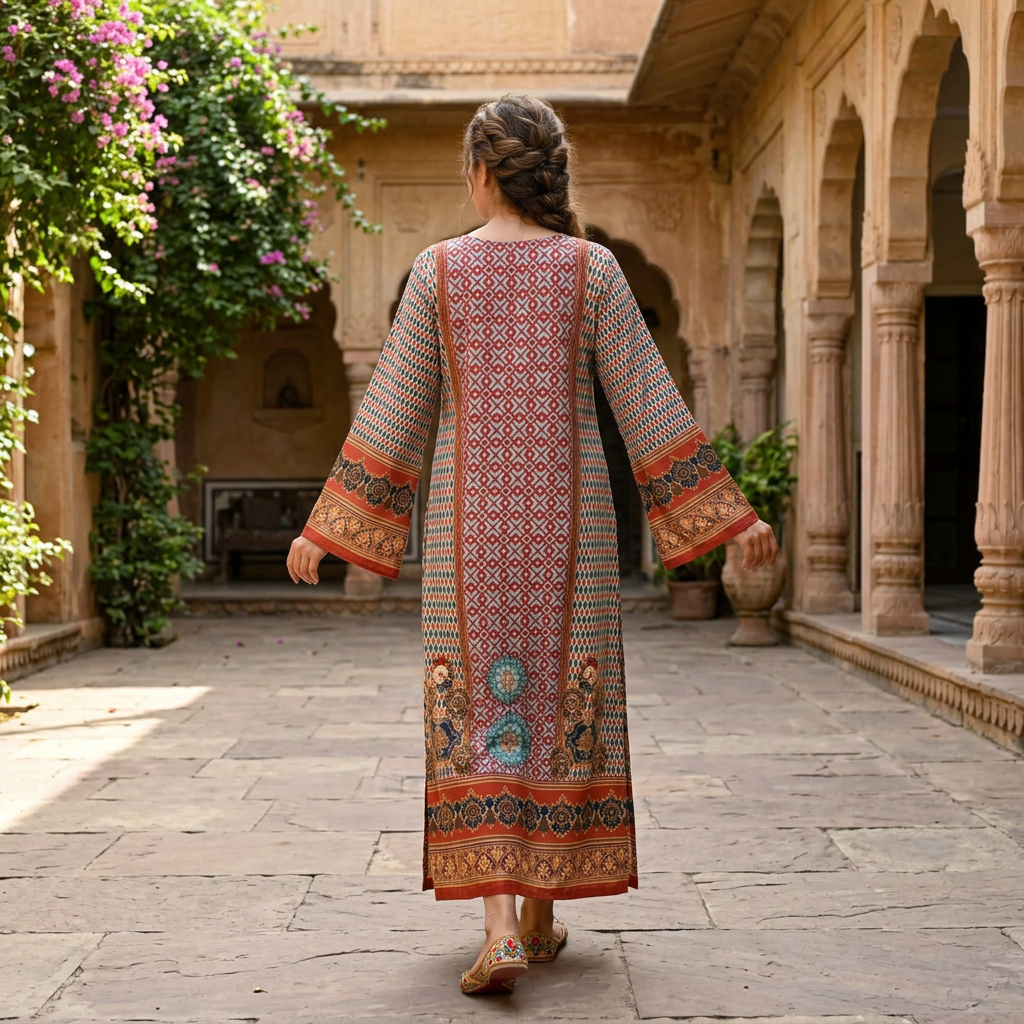 S/M Crystal Silky Digital Kaftan Printed 54"Long Jalabiya