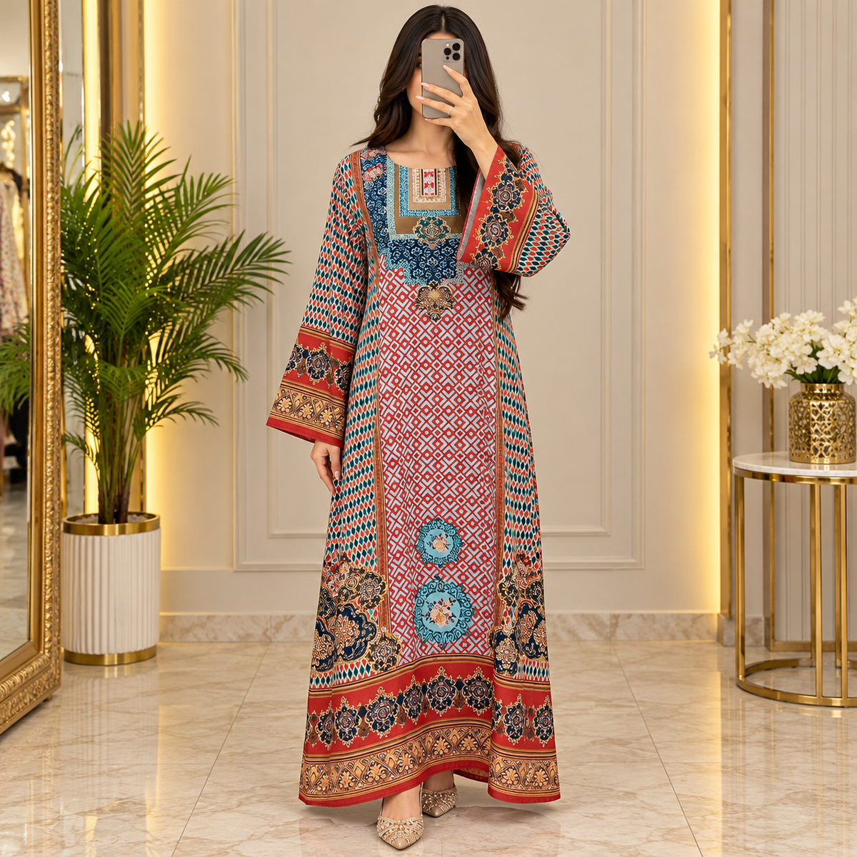 S/M Crystal Silky Digital Kaftan Printed 54"Long Jalabiya