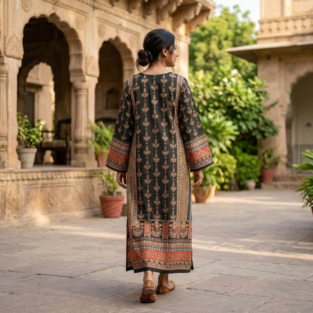 S/M Crystal Silky Digital Kaftan Printed 54"Long Jalabiya