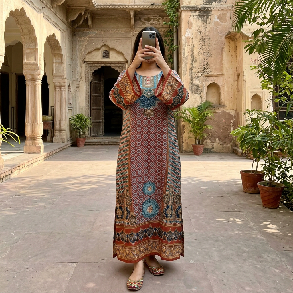 2XL/3XL Crystal Silky Digital Kaftan Printed 54"Long Jalabiya