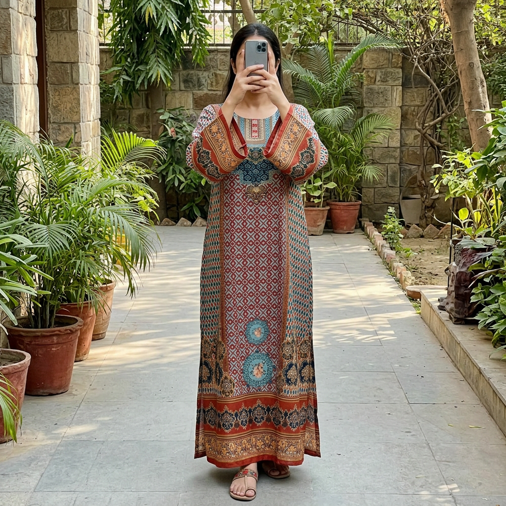 2XL/3XL Crystal Silky Digital Kaftan Printed 54"Long Jalabiya