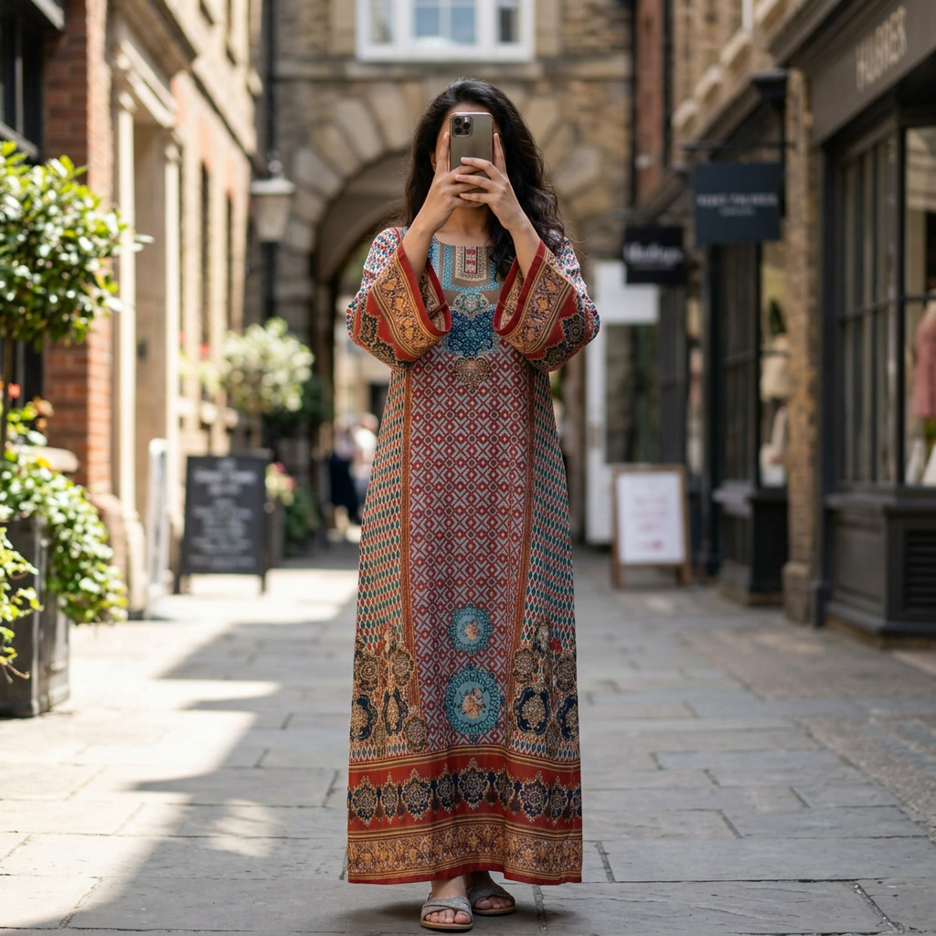 2XL/3XL Crystal Silky Digital Kaftan Printed 55"Long Jalabiya