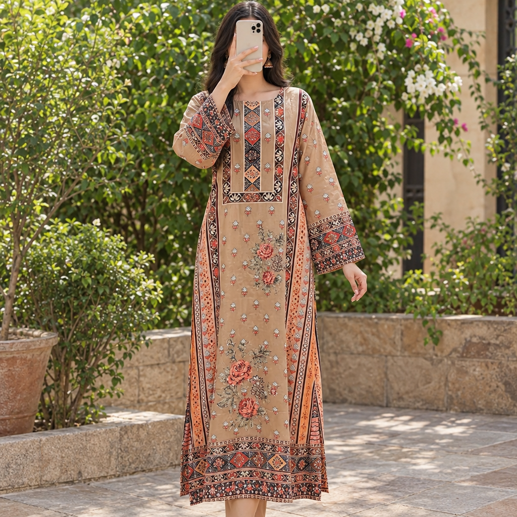 S/M Silky Digital Kaftan Printed 54" Long Jalabiya