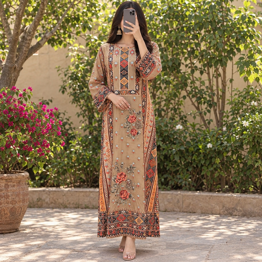 S/M Silky Digital Kaftan Printed 56"Long Jalabiya