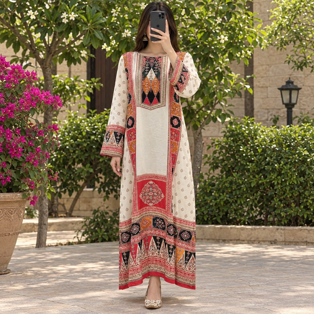 XS/S Silky Digital Kaftan Printed 55" Long Jalabiya