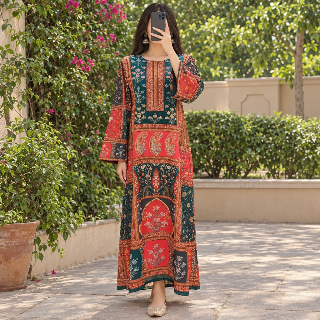 L/XL Crystal Silky Digital Kaftan Printed 55" Long Jalabiya