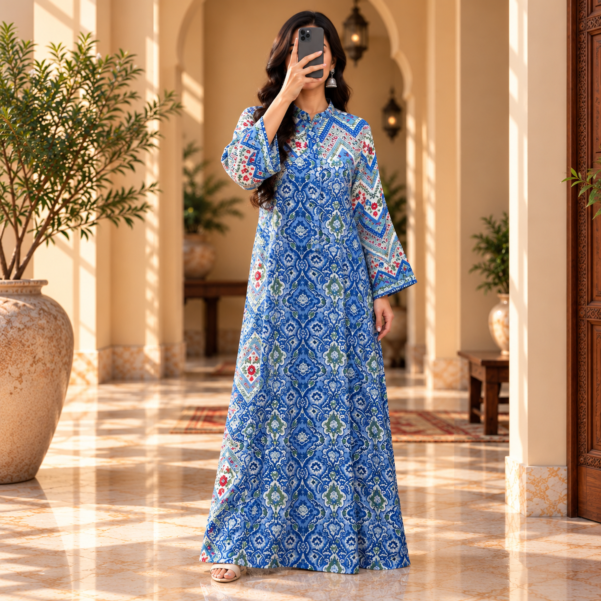 S/M Crystal Honey Printed Cotton Dress 57" Long Jalabiya