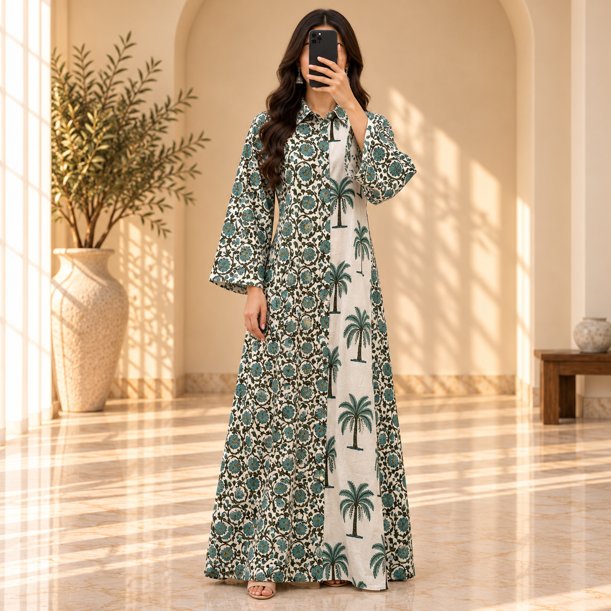 S/M Singapore Printed Cotton Long Dress Jalabiya – 57"