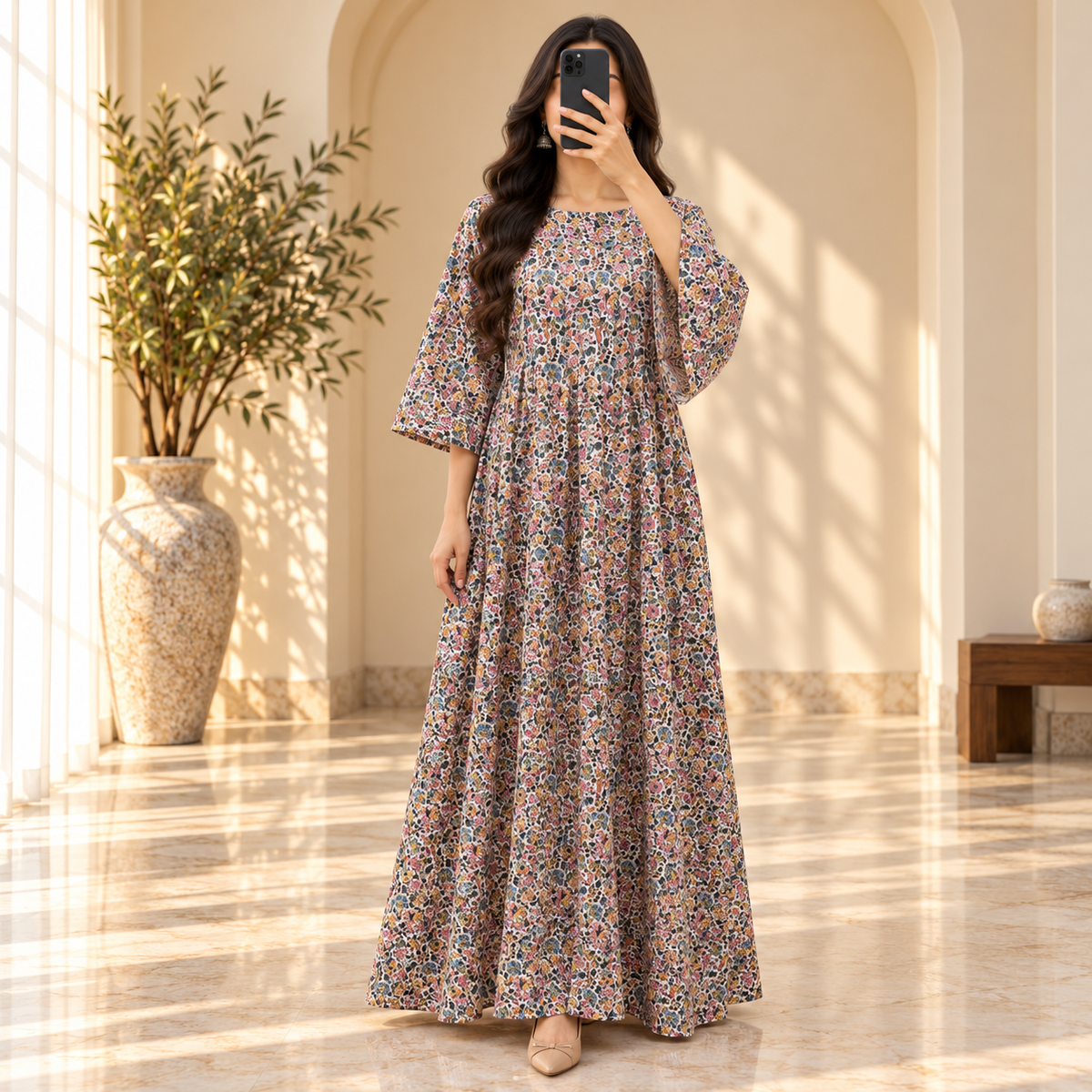 S/M Nahla Crystal Printed Cotton Long Dress Jalabiya – 57
