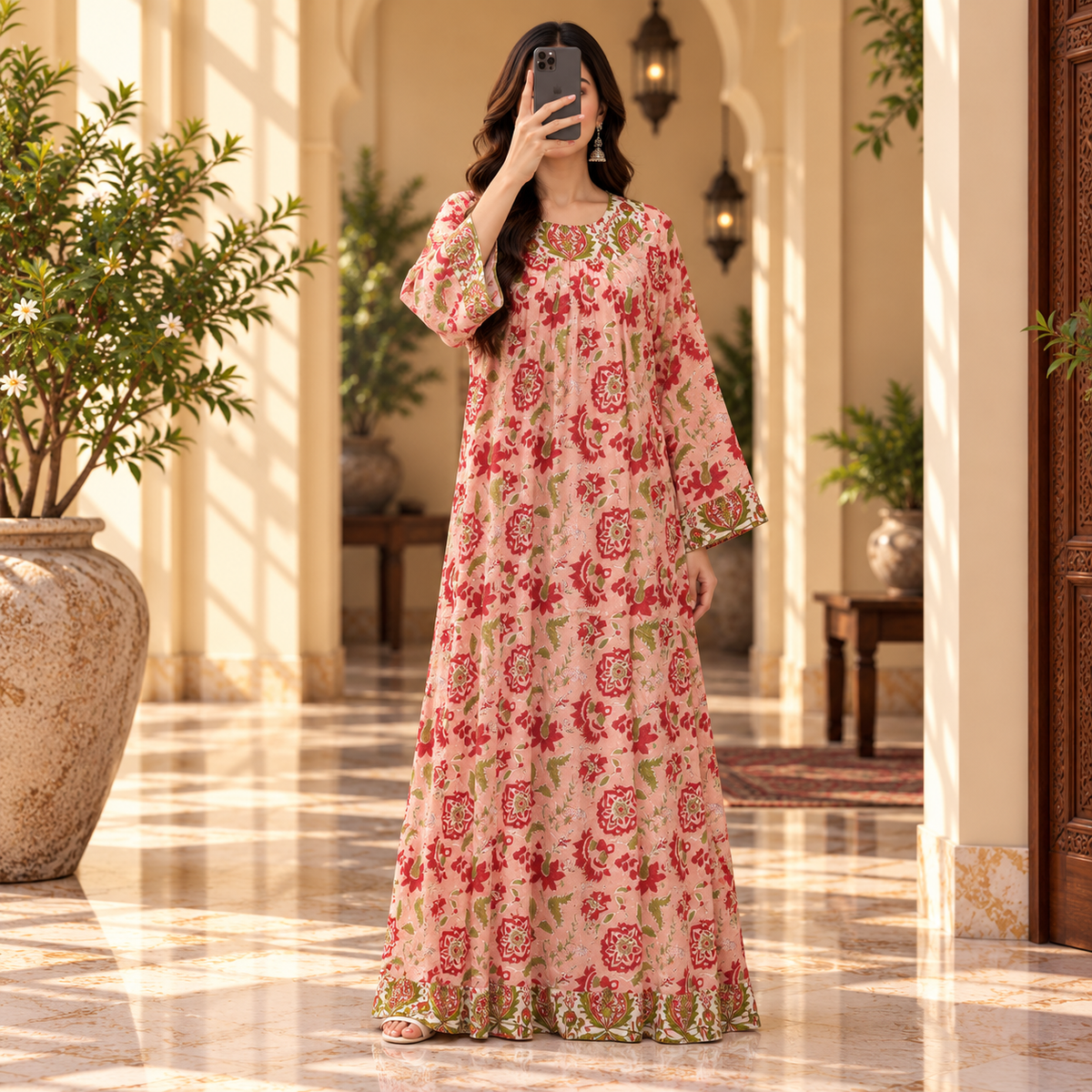L-XL Nawaar Crystal Printed Cotton Dress 57" Long Jalabiya