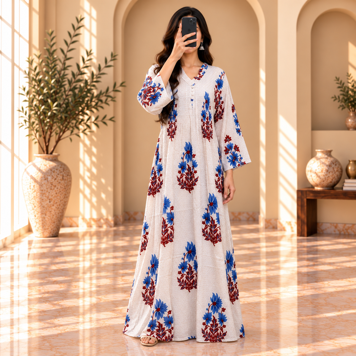 S/M Sparrow Crystal Printed Cotton Long Dress Jalabiya – 57