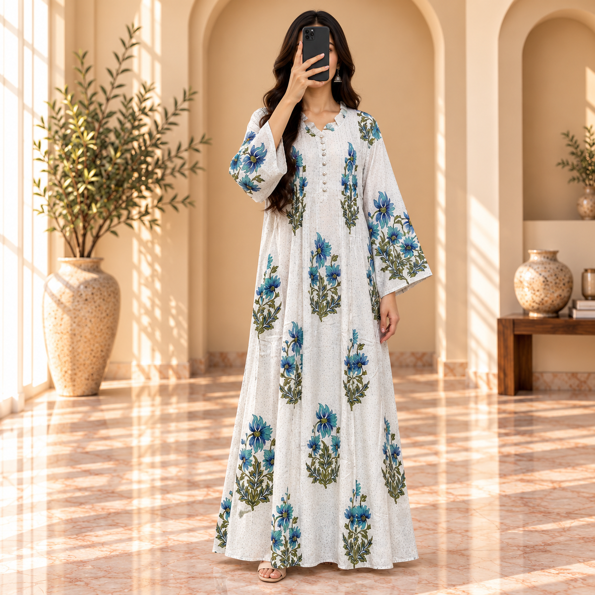 S/M Sparrow Crystal Printed Cotton Long Dress Jalabiya – 57