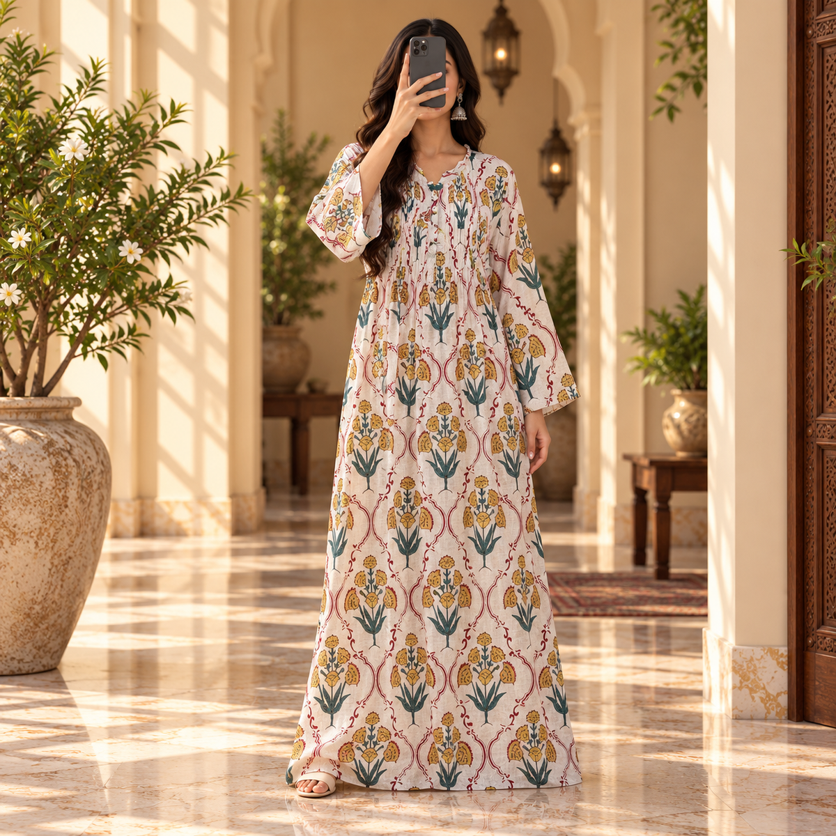L/XL Sparrow Crystal Printed Cotton Long Dress Jalabiya – 57