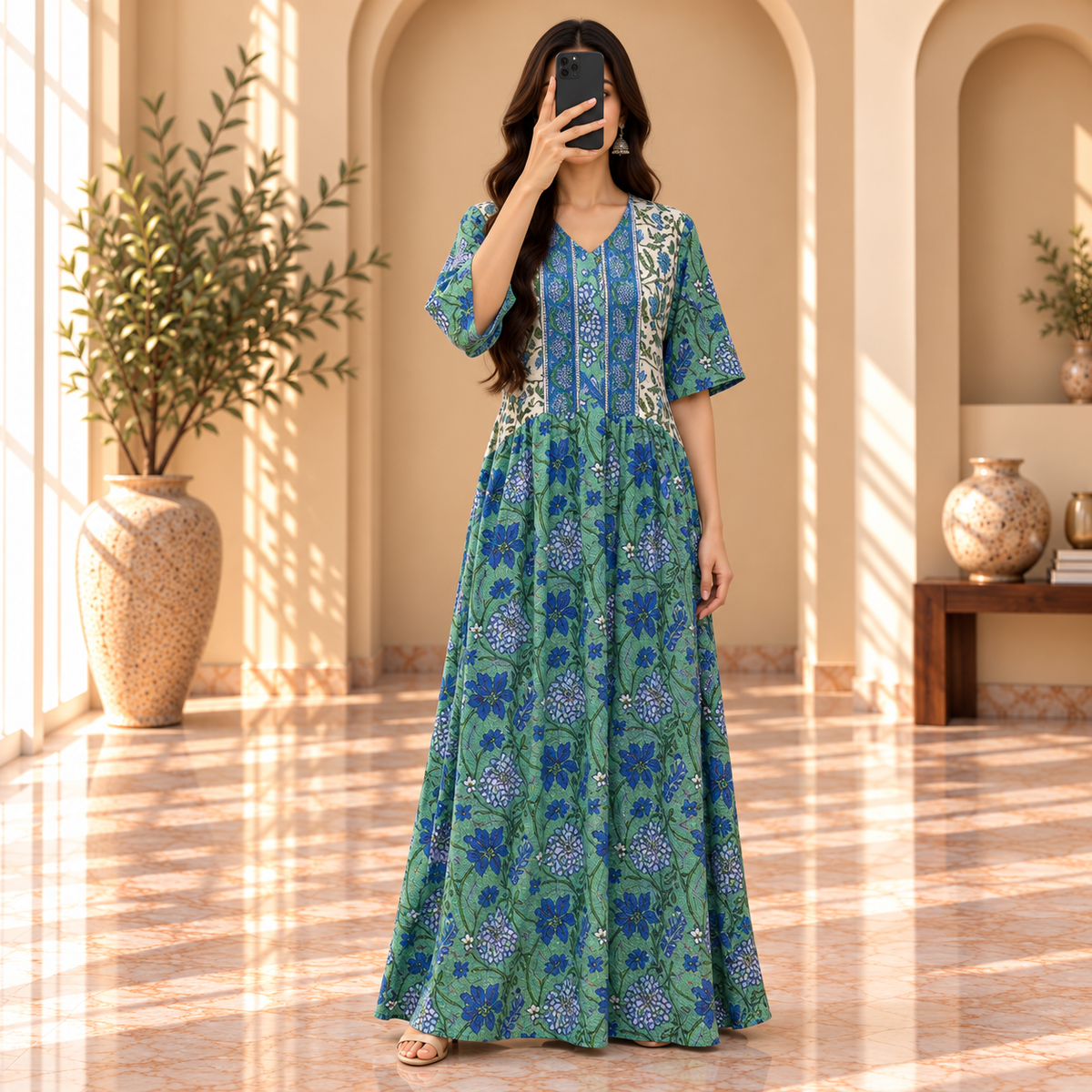 S/M Rahaf Crystal Printed Cotton Dress 57" Long Jalabiya