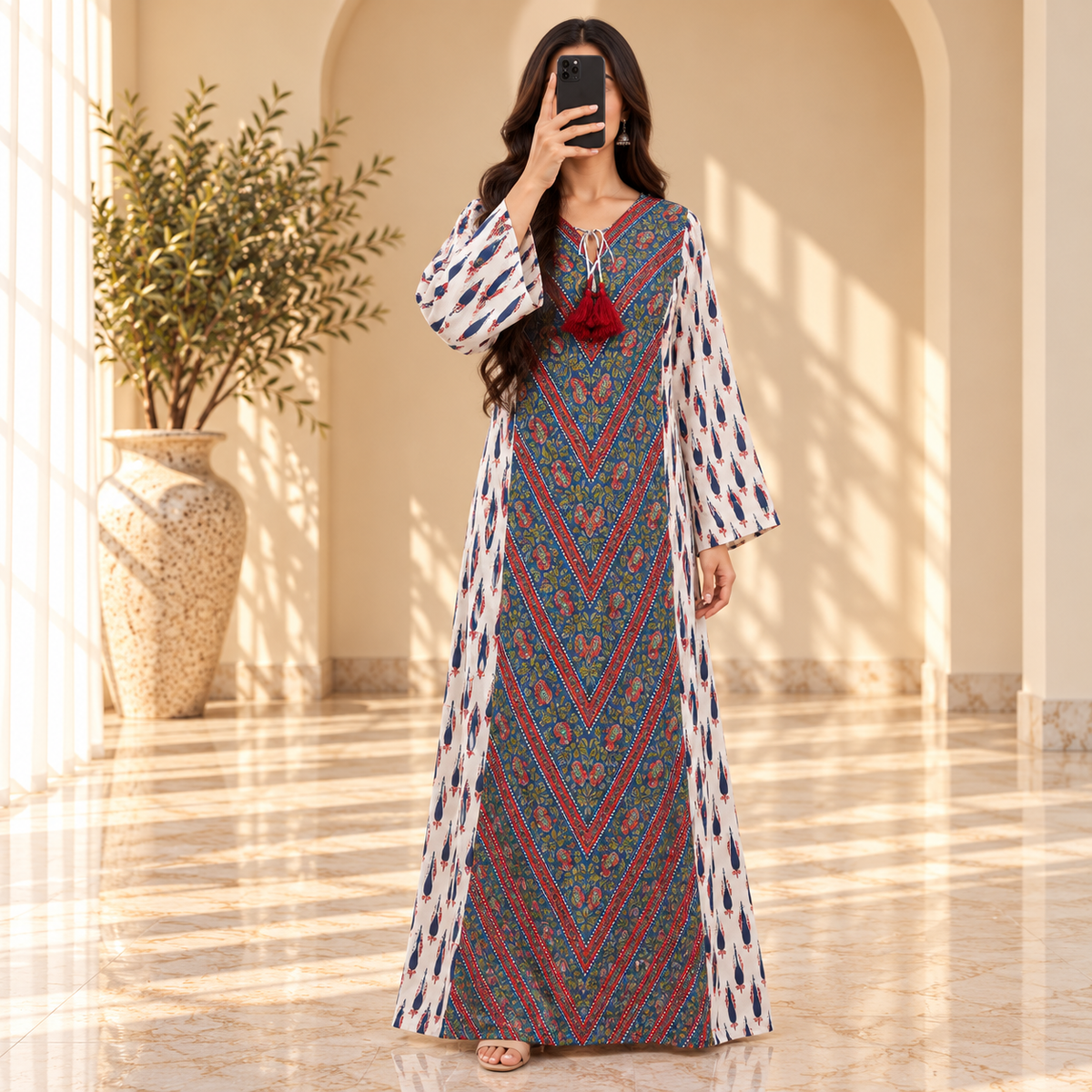 S/M Leila Crystal Printed Cotton Long Dress Jalabiya – 57