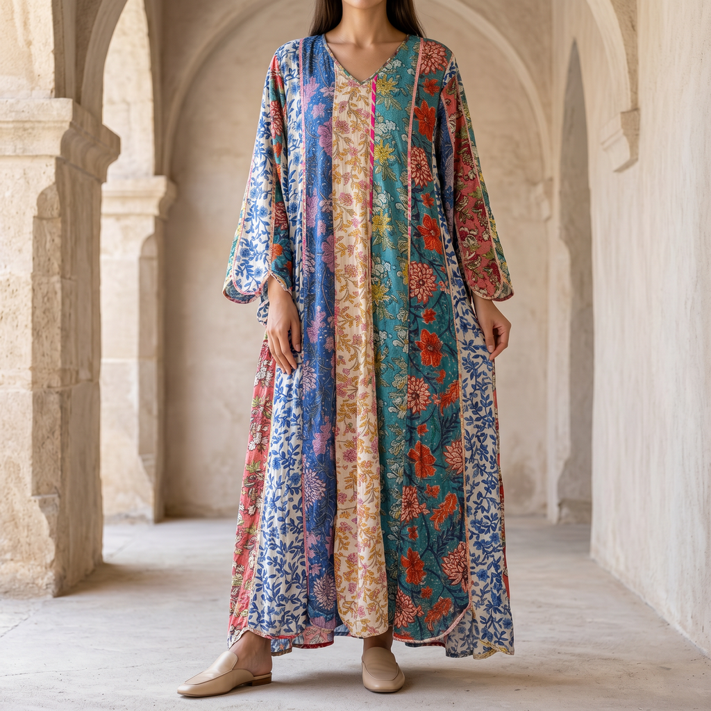 L-XL Meher Multi Printed Cotton Dress 57" Long Jalabiya