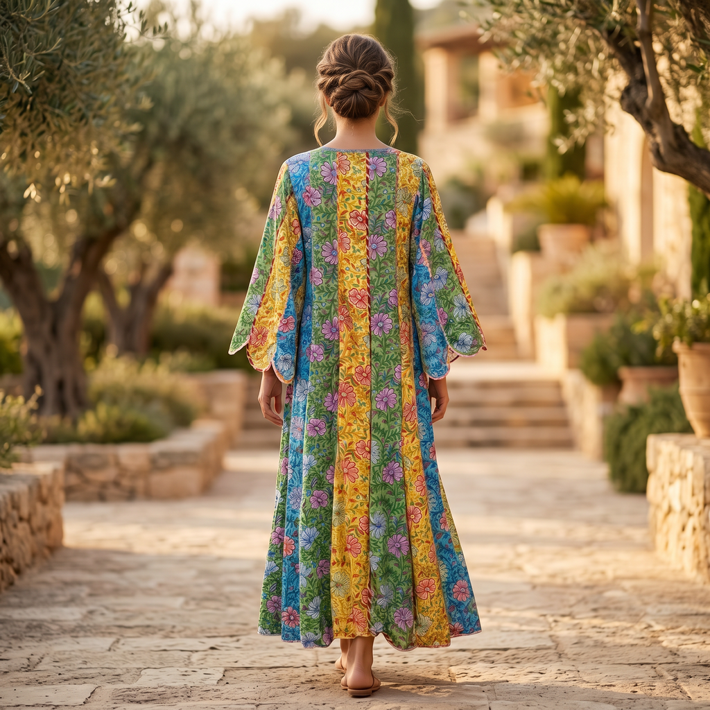 S-M Meher Crystal Printed Poly Silk Dress 57" Long Jalabiya TN 208