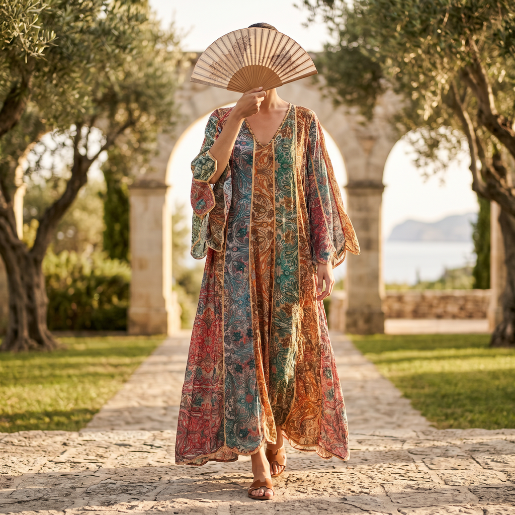 S-M Meher Crystal Printed Poly Silk Dress 57" Long Jalabiya TN 209