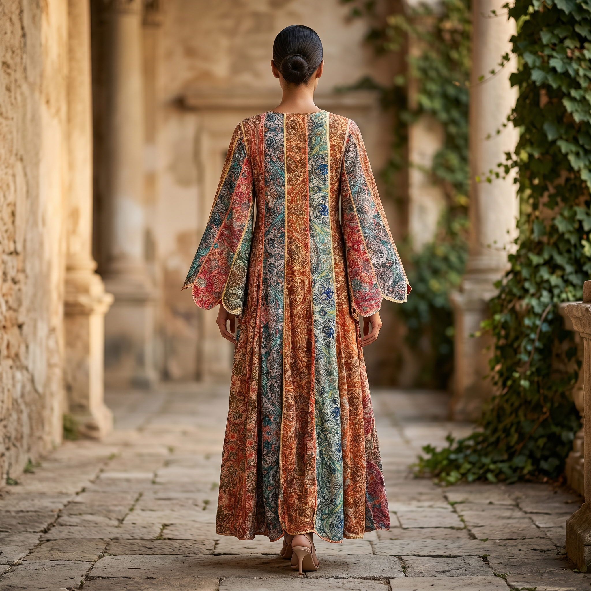 S-M Meher Crystal Printed Poly Silk Dress 57" Long Jalabiya TN 209