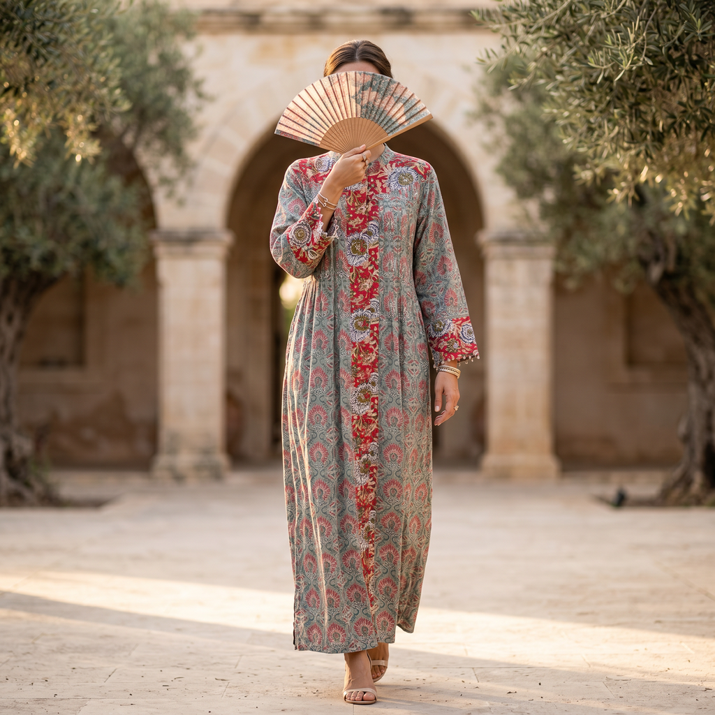 S/M Aafreen Printed Cotton Dress 57" Long Jalabiya TN 212