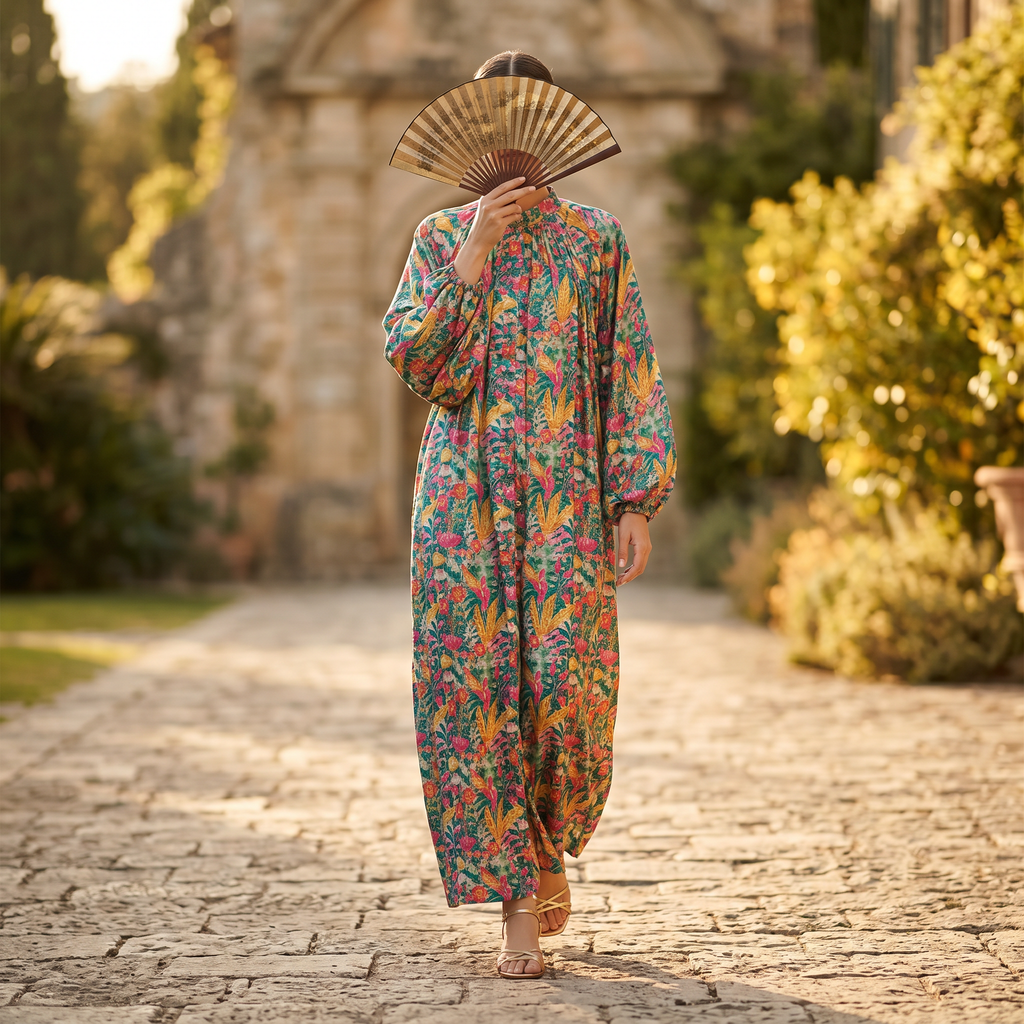 Free-Size Hilal Crystal Printed Poly Silk Dress 57" Long Jalabiya TN 233