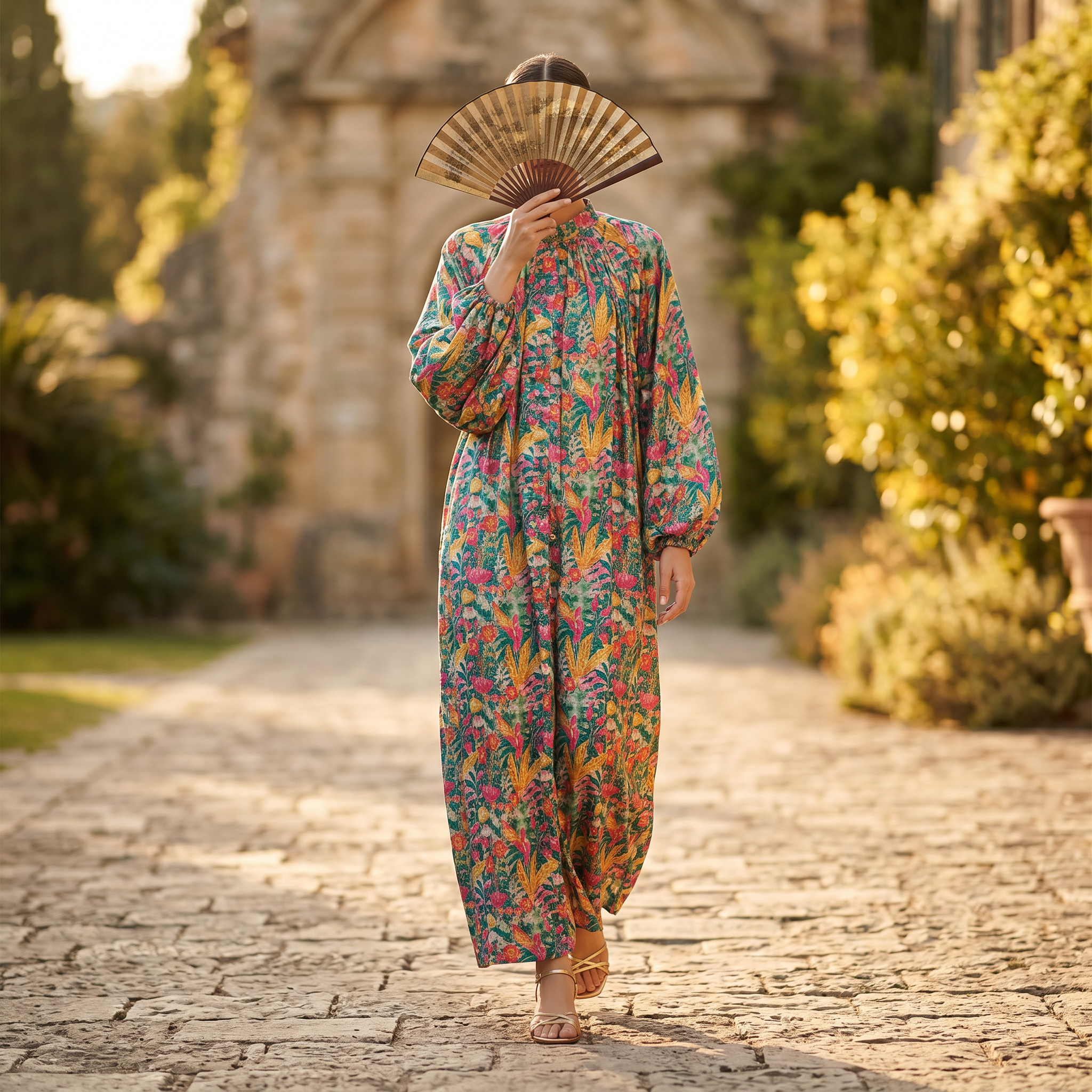 Free-Size Hilal Crystal Printed Poly Silk Dress 57" Long Jalabiya TN 233
