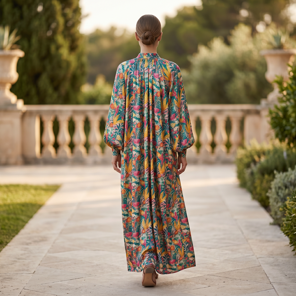 Free-Size Hilal Crystal Printed Poly Silk Dress 57" Long Jalabiya TN 233