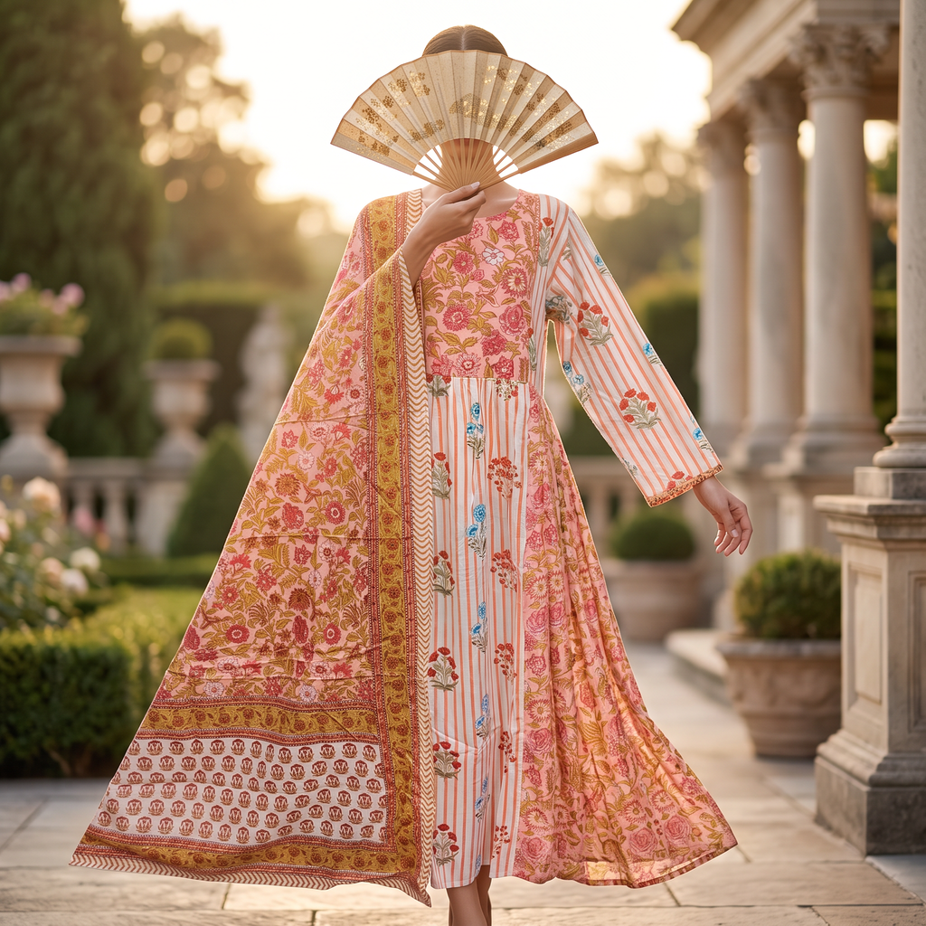 S-M Heba Printed Cotton Dress 57" Long Jalabiya With Sheila TN 362