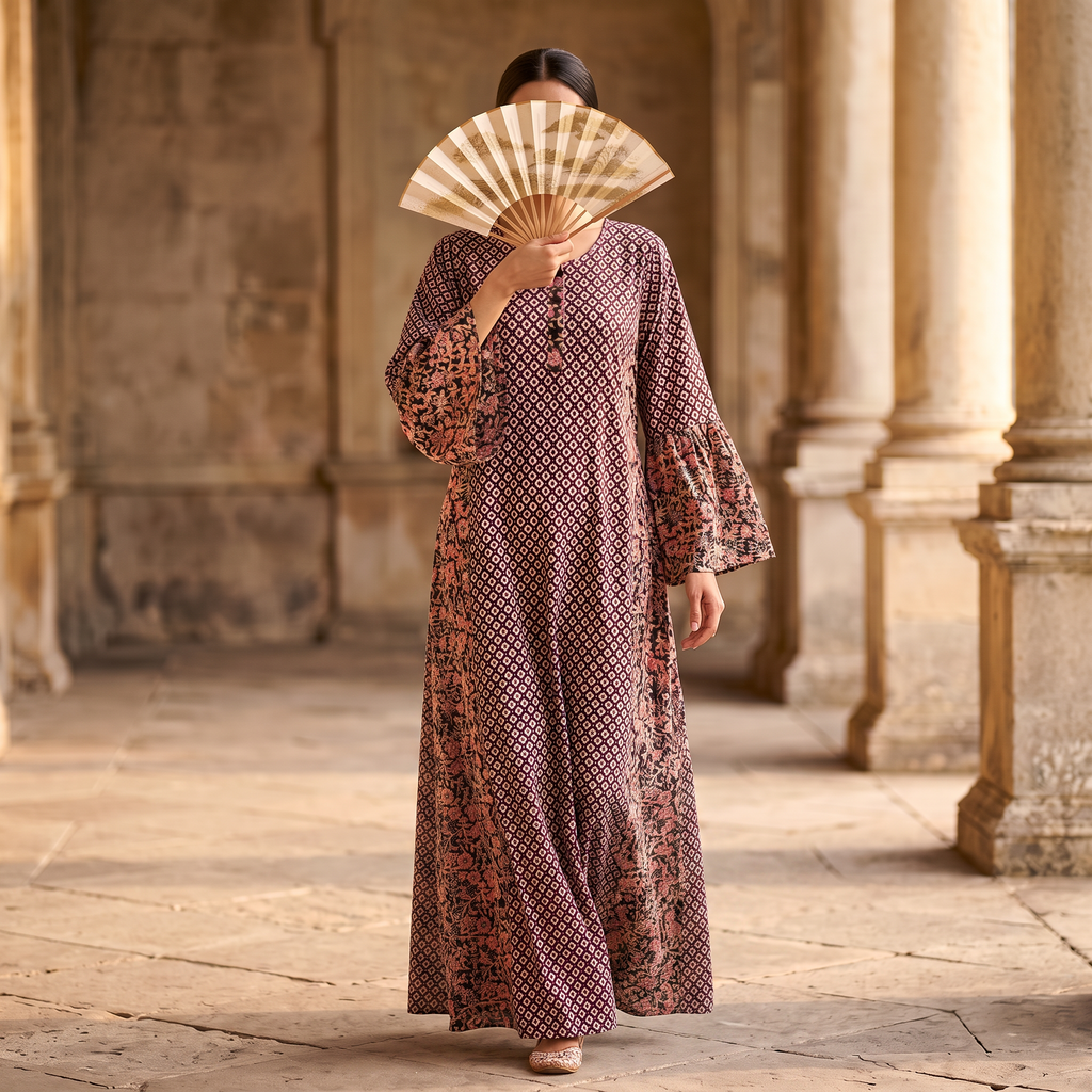 S-M Marry Printed Cotton Dress 57" Long Jalabiya With Sheila TN 369