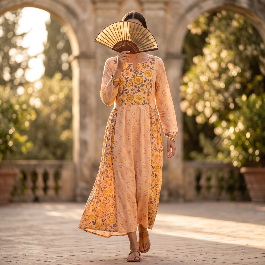 S-M Heba Printed Cotton Dress 57" Long Jalabiya With Sheila TN 373