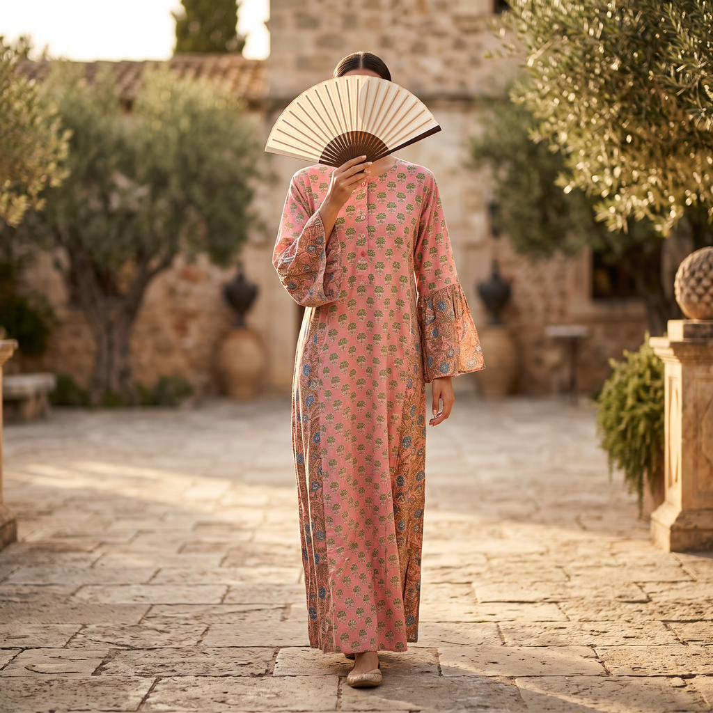 S-M Marry Printed Cotton Dress 57" Long Jalabiya With Sheila TN 375