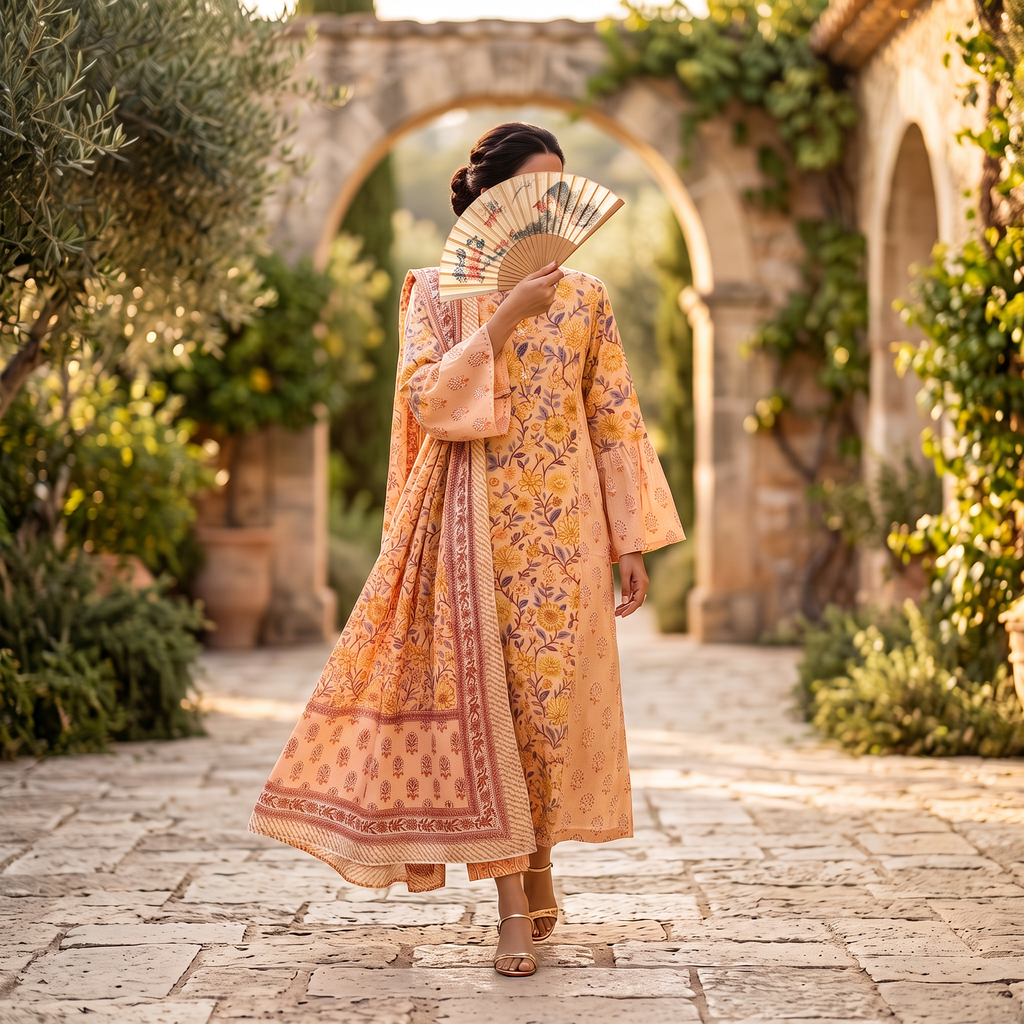 L-XL Marry Printed Cotton Dress 57" Long Jalabiya With Sheila TN 379