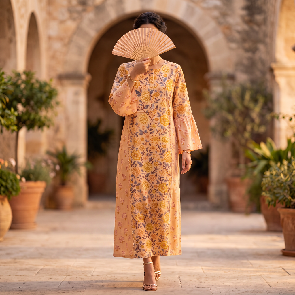 L-XL Marry Printed Cotton Dress 57" Long Jalabiya With Sheila TN 379